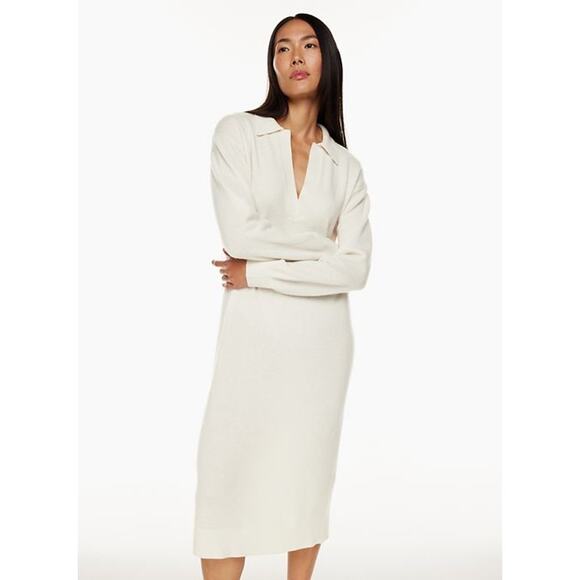 Aritzia Dresses & Skirts - Aritzia Wilfred NWOT Cream White Knit Deep V Wool Collar Midi Sweater Dress 2XS